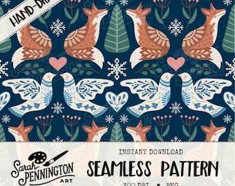 Winter Folk Art Animals Seamless Pattern – Nordic Fox & Dove Digital Paper for Sublimation Crafts