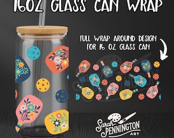 Pickleball Glass Can Wrap – Retro Floral Paddle Sublimation PNG for Lidded Cups