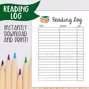 May include: Printable reading log with a stack of colourful books at the top. The log has columns for title, author, and date.