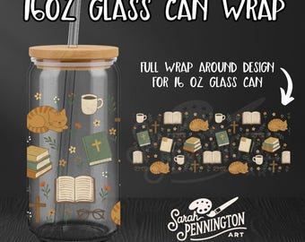 Bible Study Glass Can Wrap – PNG Design with Books, Cross, Coffee & Cat