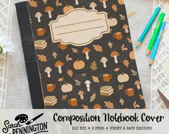 Fall Notebook Cover Sticker – Mushrooms, Pumpkins, Books & Coffee Wrap Decal