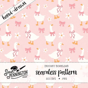 May include: A seamless pattern featuring white geese with pink bows and yellow feet, set against a light pink background. The design includes white flowers and pink bows. The words "hand-drawn" and "seamless pattern" are also visible.