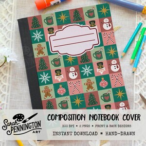 May include: A composition notebook cover with a festive Christmas pattern. The design features gingerbread men, Christmas trees, mugs, snowflakes, and snowmen on a checkered background. The cover has a blank label for personalization. Text on the cover reads "COMPOSITION NOTEBOOK COVER".