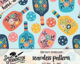 Modèle sans couture de pickleball rétro - pagaies et boules florales conception numérique PNG