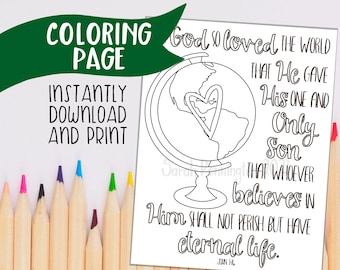John 3:16 Coloring Page - Christian Bible Verse Art (Digital Download)