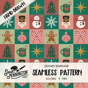 May include: A Christmas-themed seamless pattern with festive illustrations. The design includes Christmas trees, snowflakes, snowmen, gingerbread men, ornaments, candy canes, mugs with hearts, and stars. The words "HAND-DRAWN" and "SEAMLESS PATTERN" are also visible.