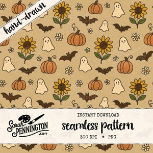Cute Halloween Seamless Pattern, Digital Paper Design, Spooky Fall Floral Clipart, Sublimation PNG, Background for Printing Scrapbooking