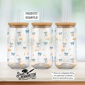 May include: Three clear glass beverage cups with bamboo lids and straws. The cups are decorated with a pattern of light orange geese and blue bows. The text "PRODUCT EXAMPLE" is at the top. The artist's logo and text are at the bottom.