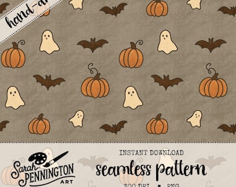 May include: A seamless digital pattern featuring hand-drawn orange pumpkins, brown bats, and cream-coloured ghosts on a textured taupe background. The image includes a diagonal banner with the text hand-drawn and a bottom banner with Sarah Pennington Art.