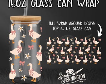 Pink Goose Glass Can Wrap – Sublimation Design with Bows Geese and Vintage Farmhouse Charm