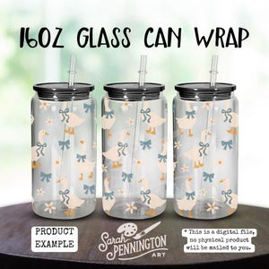 May include: Three clear 16oz glass can wraps with black lids and straws. The wraps feature a pattern of light orange geese with blue bows and white flowers. The text "16oz Glass Can Wrap" is at the top.