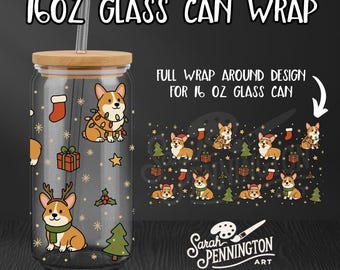 Christmas Corgis Glass Can Wrap – 16oz Cup Sublimation Design with Gifts, Trees & Snowflakes