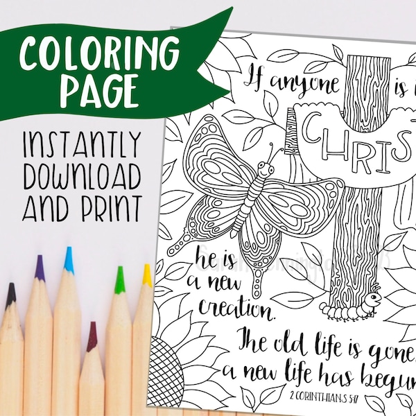 New Creation Bible Verse 2 Corinthians 5:17 PRINTABLE COLORING PAGE - Instant Download - Christian Coloring Sheet - Homeschool Bible Study