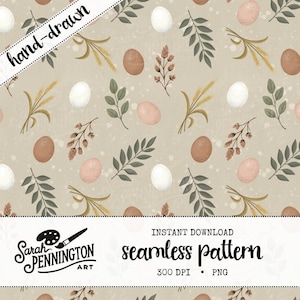 May include: A seamless pattern featuring hand-drawn illustrations of eggs, wheat stalks, and leafy branches on a beige background. The pattern is perfect for crafting projects, scrapbooking, and digital design.