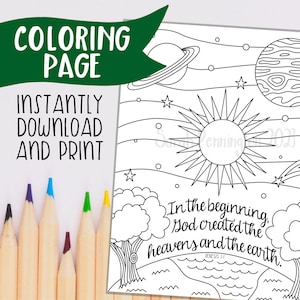 In The Beginning PRINTABLE COLORING PAGE - Instant Download - Christian Coloring Sheet - Adult Coloring Page Line Art - Bible Genesis 1:1