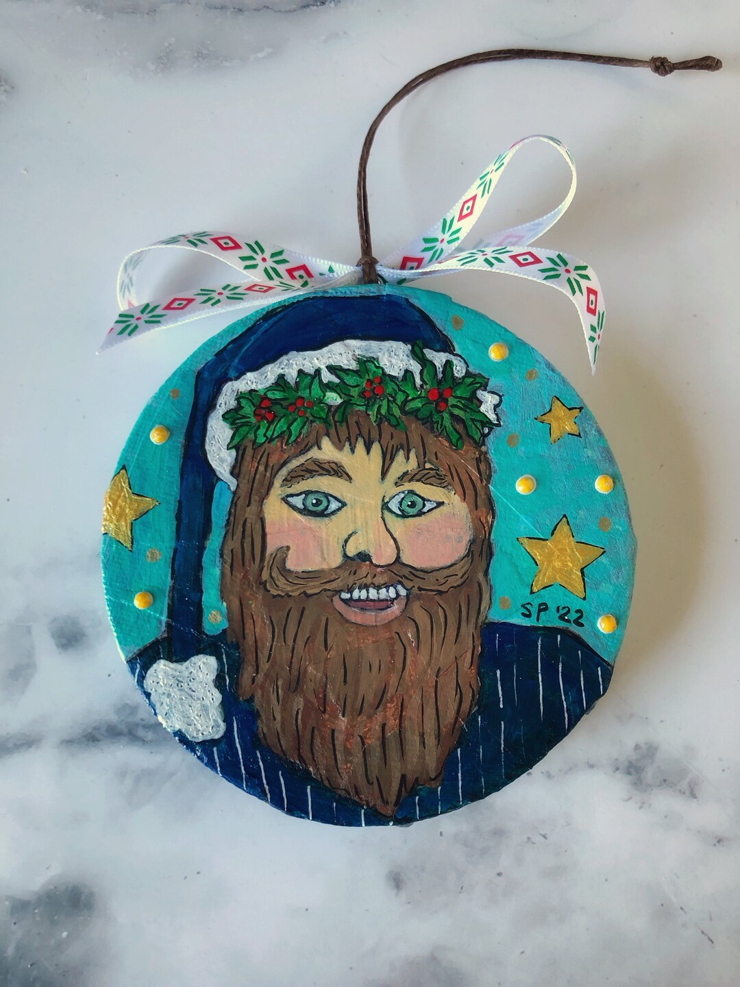 Santa Christmas Ornament Hand Painted Holiday Decor Etsy