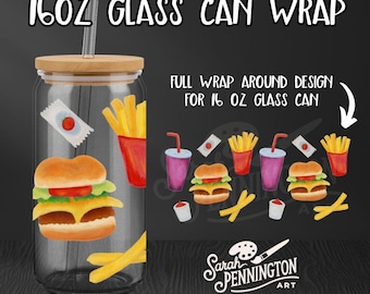 Watercolor Fast Food 16oz Glass Can Wrap (Digital Download)