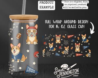 Corgi Football Glass Can Wrap 16oz: Seamless Sublimation Design (Digital Download)