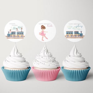 Choos Choos und TuTus Cupcake Toppers, bearbeitbare Vorlage, Chugga Chugga Chew Chew Party Etiketten, gemeinsame Party Extras, bedruckbar, LP39-006b