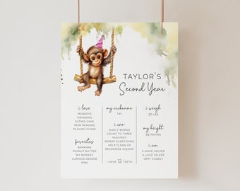 May include: A watercolor illustration of a monkey wearing a party hat and swinging on a rope swing. The illustration is surrounded by green and yellow watercolor splatters. The text "TAYLOR'S Second Year" is at the top of the illustration. Below the monkey, there is a list of things the child loves, can do, and their measurements. The list includes "I love monkeys, swinging, eating cake, mom reading, playing chase", "I can sign 7 words, count to three, run fast, repeat everything, help clean up, recognize colors", "I have 12 teeth", "I weigh 30 lbs", "My height is 29 inches", and "I am a good helper, a loud talker, very cuddly".