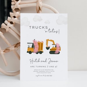 Trucks and TuTus Joint Birthday Invitation, Editable Template, Trucks in Tutus, Construction Theme, Sibling Celebration, LP47-013
