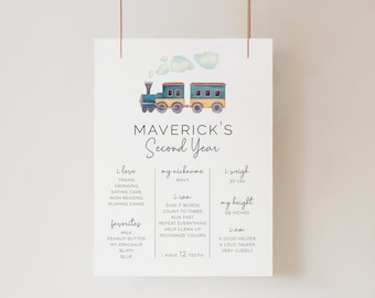 Train Milestone Poster, Second Year Sign, Chugga Chugga Two Two Editable Template,  Wooden Toy, Train Theme Party Extras, 2, LP39-003a