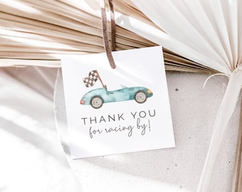 Racing Thank You Tags, Editable Template, Blue Race Car Thank You Favor Labels, Race car Birthday Printable, Vintage Flag LP21-013d