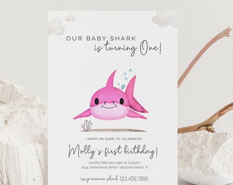 Girl Baby Shark Birthday Invitation, Editable Template, Under The Sea Party, Nautical Bday, Baby Girl Shark, ONE, Pink Beach Party, LP23-009
