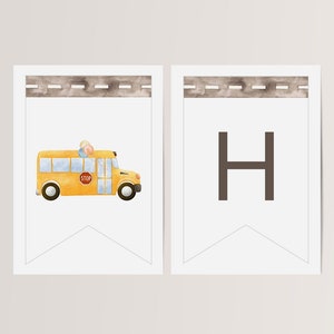 Gul buss födelsedagsbanderoll, redigerbar mall, grattis på födelsedagen-girlang, gul skolbuss, bussens hjul, festtillbehör, LP62-001b