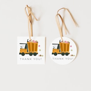 Dump Truck und Donuts Dankeschön Tags, bearbeitbare Vorlage, Dankeschön-Etiketten für den Bau, Geburtstag bedruckbar, Dump Truck Thema LP47-003c