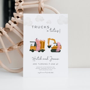 Trucks and TuTus Joint Birthday Invitation, Editable Template, Trucks in Tutus, Construction Theme, Sibling Celebration, LP47-013