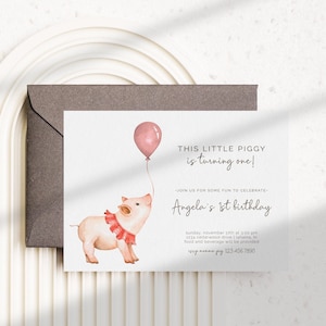 This Little Piggy is One Birthday Invitation, Pig first Birthday Invite, Girl Farm Party, Editable Template, Piglet 1st Birthday LP35-001