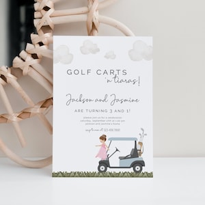 Golf Carts und Tiaras Gemeinsame Geburtstagseinladung, Bearbeitbare Vorlage, Golf Geburtstag, Prinzessin Party, Gelenk, Geschwister, Brünett LP54-006