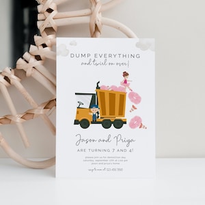 Gemensam födelsedagsinbjudan för tippbil och tutu, redigerbar mall, tvillingbilar och tutu, blondin och brunett, syskonfirande, LP47-034