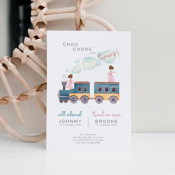 Choo Choos and Tiaras Joint Birthday Invitation, Editable Template, Train Birthday, Princess Party, Chugga Choo Choo, Siblings, LP39-011