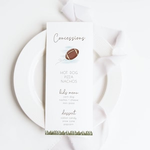 Cartões de menu de futebol, modelo editável, junte-se a nós para o pontapé inicial, Huddle up, First Down, festa de aniversário com tema de futebol, esportes LP58-001k