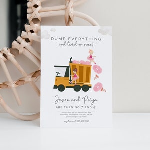 Dump Truck and TuTus Joint Birthday Invitation, Editable Template, Trucks & Tutus, Construction Theme, Sibling Celebration, LP47-011