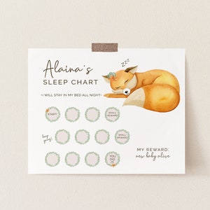 Girl Fox Sleep Chart, bewerkbare sjabloon, 8x10 Girls Reward Chart, Kids afdrukbare slaapgrafiek, LP40-002