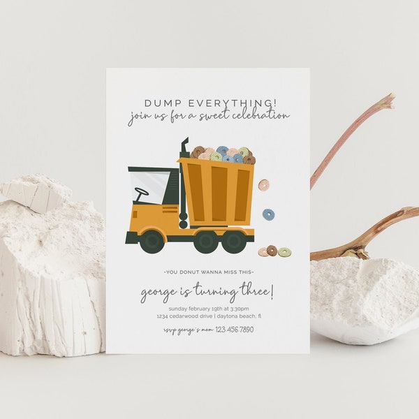 Dump Truck and Donuts Birthday Invitation, Editable Template, Construction Theme, Donut Miss This Party, LP47-009