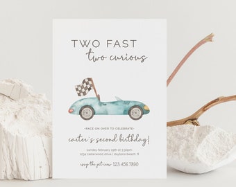 Two Fast Two Curious Birthday Invitation, Editable Template, Turning 2, Vintage Race Car Party, Growing Up Two Fast, LP21-013