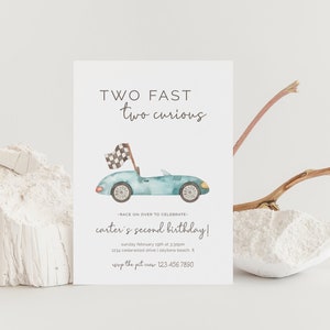 Two Fast Two Curious Birthday Invitation, Editable Template, Turning 2, Vintage Race Car Party, Growing Up Two Fast, LP21-013