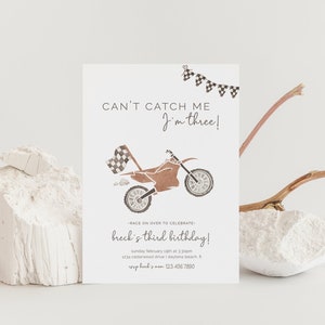 Can't Catch Me I'm Three Birthday Invitation, Editable Template, Vintage Dirt Bike Party, Racing Motorcycle, Turning 3, LP21-043