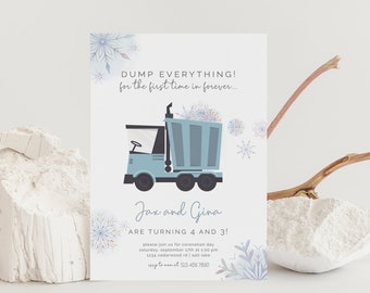 Dump Truck and Winter Princess Joint Birthday Invitation, Editable Template, Construction Theme, Snowflakes, Sibling Celebration, LP47-010