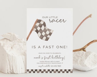 Racing First Birthday Invitation, Editable Template, Race on Over, Fast One, Vintage Race Flags, Motocross, Dirt Bike Flags, LP21-023b