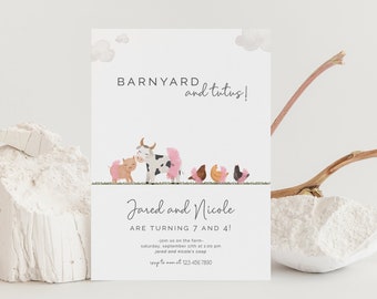 May include: A white invitation card with a cartoon illustration of a pig, cow, and chickens. The text on the card reads "Barnyard and Tutus!" and "Jared and Nicole are turning 7 and 4!"