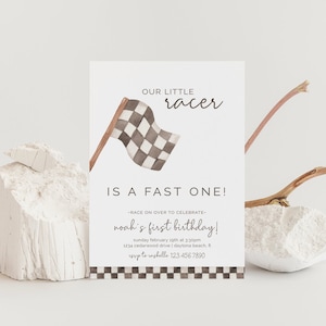 Racing First Birthday Invitation, Editable Template, Race on Over, Fast One, Vintage Race Flags, Motocross, Dirt Bike Flags, LP21-023b