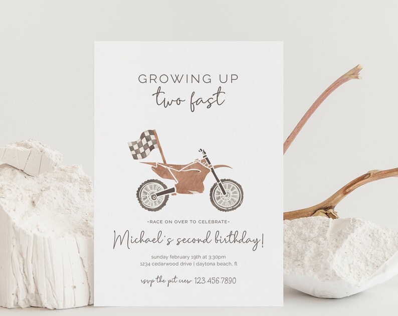 Growing Up Two Fast Dirt Bike Birthday Invitation Editable Template Turning 2 Vintage Race Flags Dirt Bike Party Two Curious