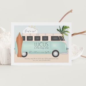 Surfing Birthday Invitation, Editable Template, The Big One, 70&#39;s van, Surf Board, Surfer Party, Beach Birthday, Surf&#39;s Up LP51-003