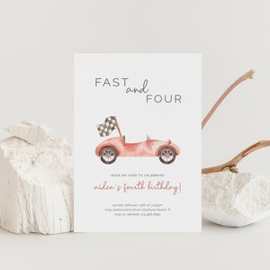 Fast and Four Birthday Invitation, Editable Template, Turning 4, Vintage Race Car Party, Little Racer, Fourth Birthday, LP21-015