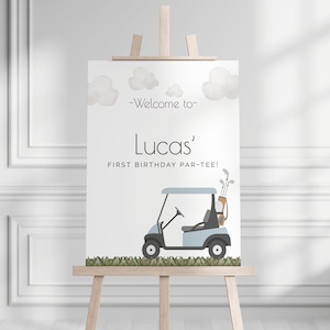 Znak powitalny dla golfa, edytowalny szablon, znak urodzinowy dla wózka golfowego, dołek w jednym, baner powitalny, wpadnij, mały golfista, LP54-004b